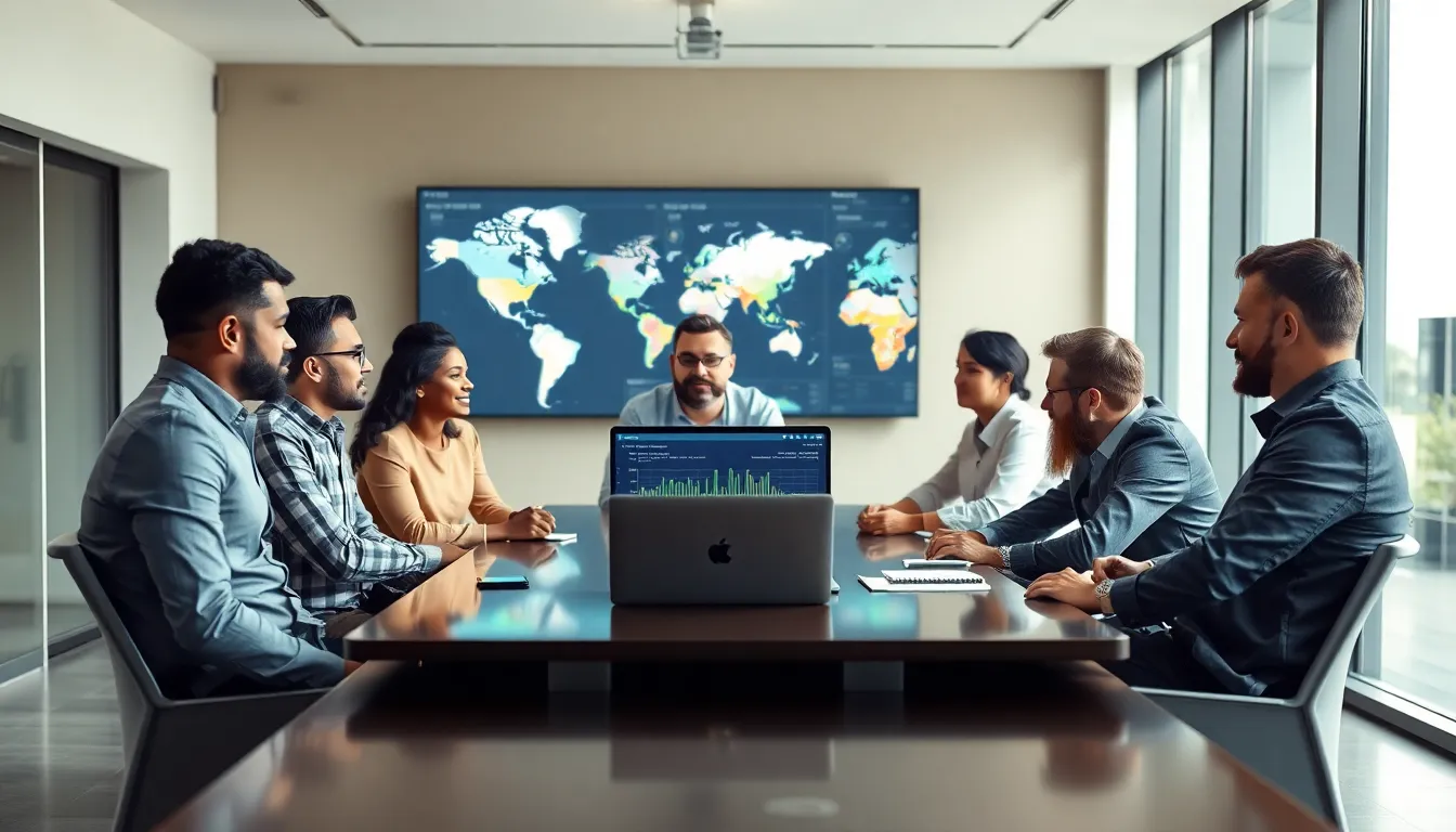 diverse team discussing transportation software in a modern office.