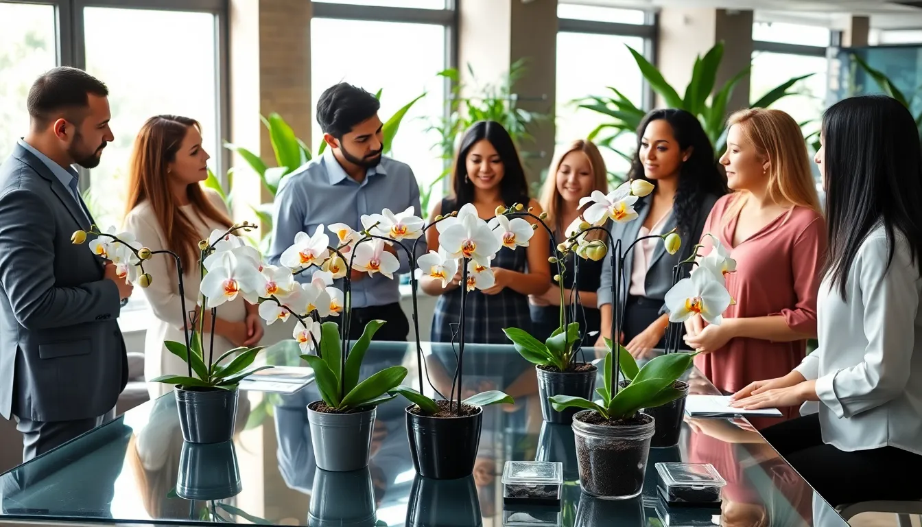 diverse group learning to care for orchid plants in a workshop.