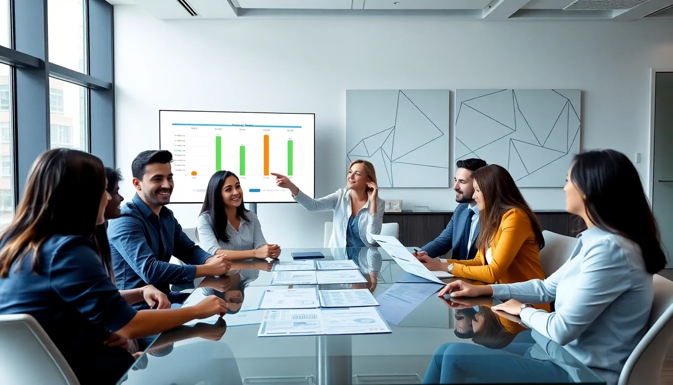 diverse team discussing fixed price software development in an office.