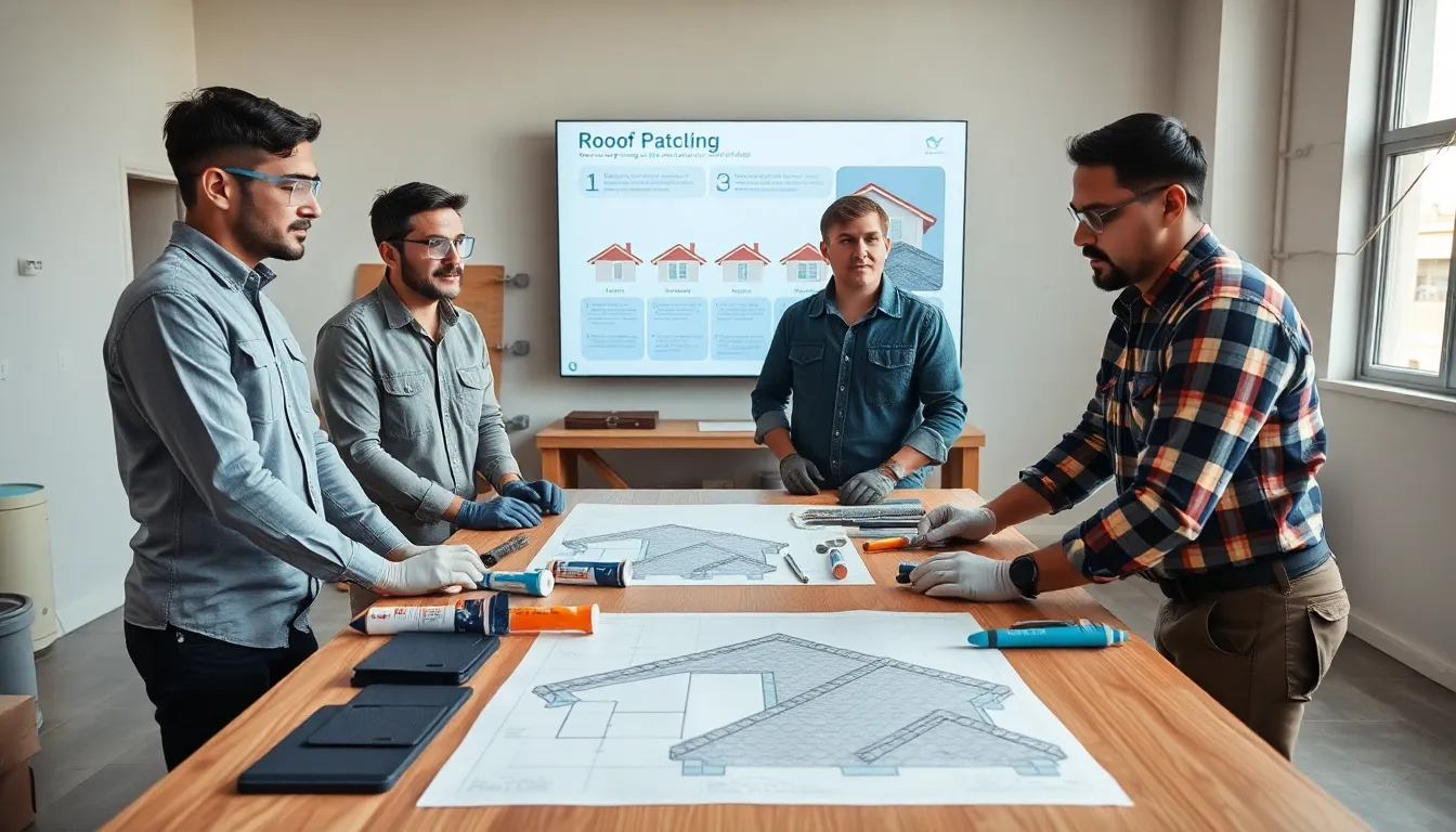 professionals demonstrating roof patching techniques in a modern workshop.