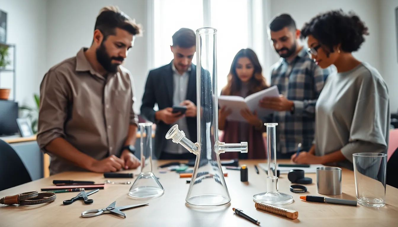individuals working on a bong assembly in a tidy workspace.