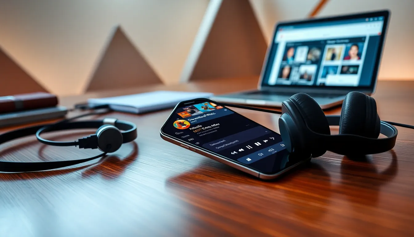 Smartphone displaying a music downloading app in a modern office setting.