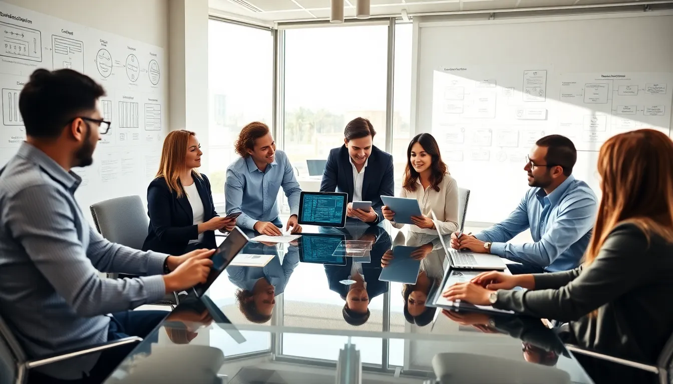 diverse team collaborating on custom development software in a modern office.