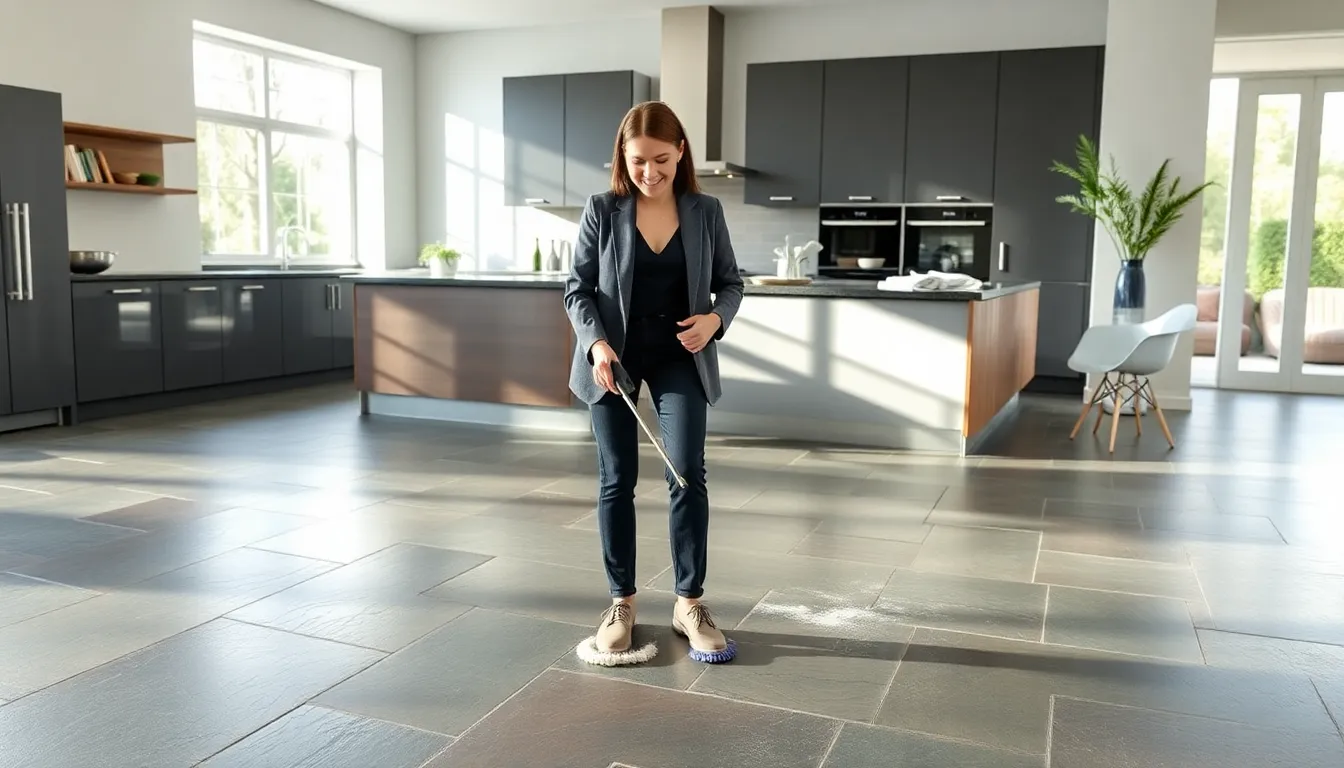 a professional cleaning slate floors in a modern kitchen.