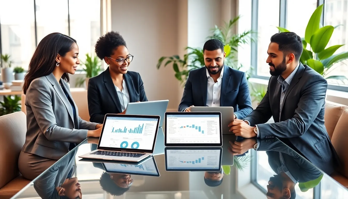 diverse team discussing supply chain software in a modern office.