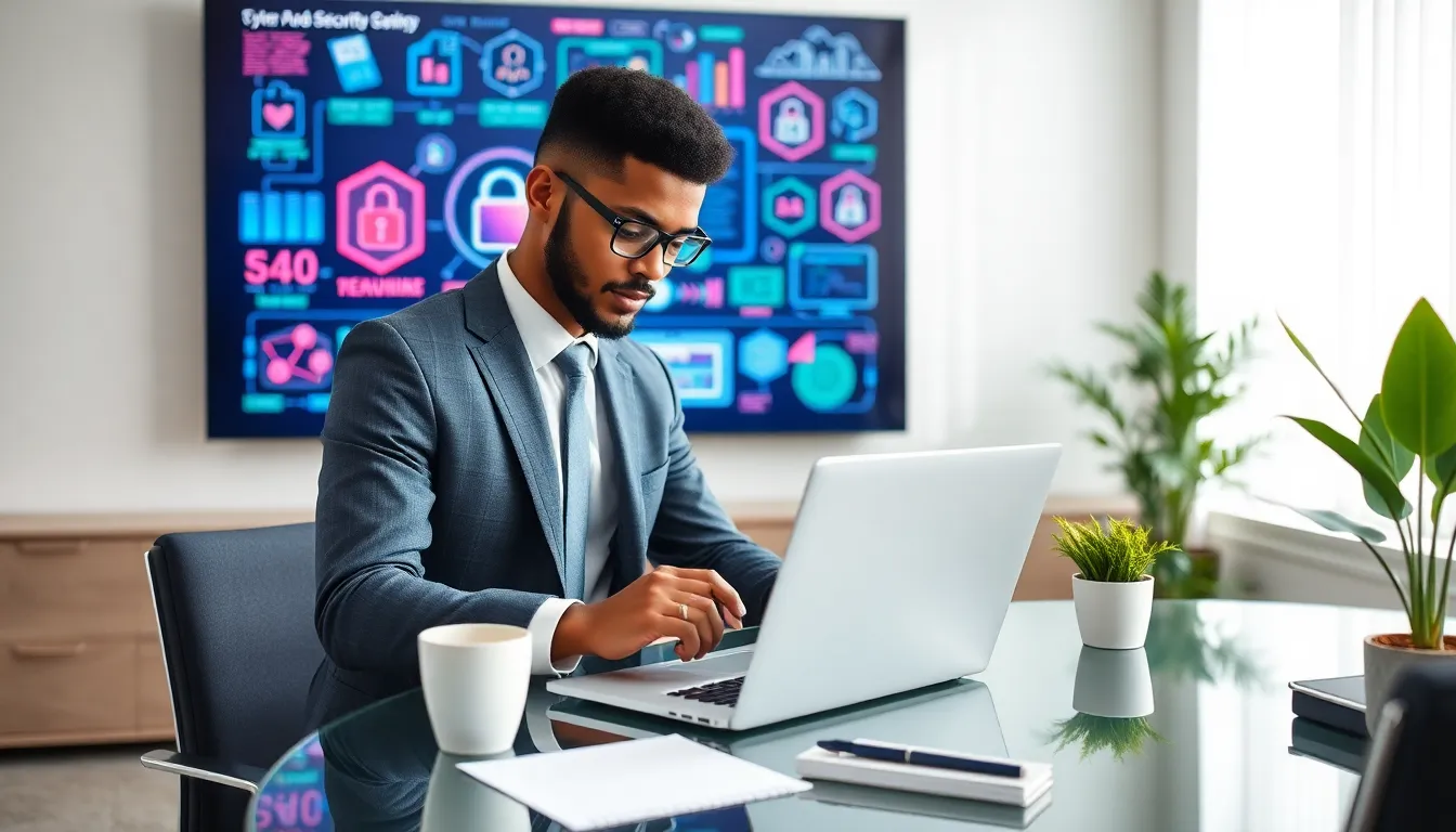 a professional reviewing a cyber security resume in a modern office.
