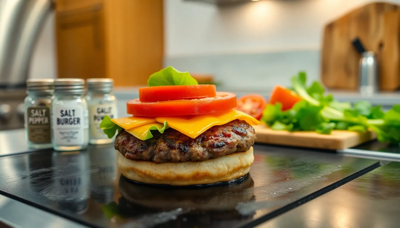 close-up of a smash burger with toppings and seasonings.