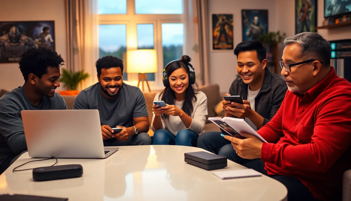 a group of diverse gamers discussing strategies in a cozy living room.