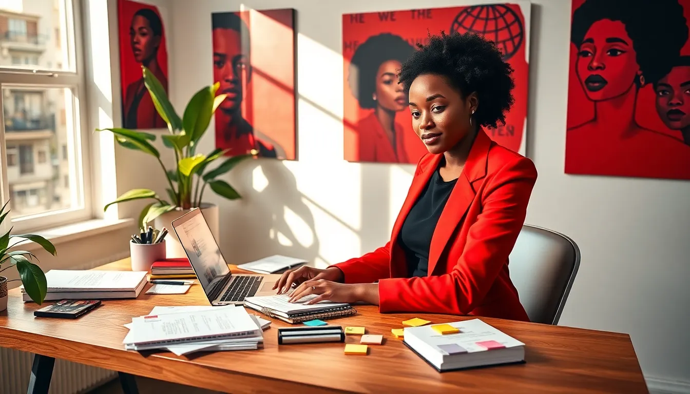 A young woman at a desk, working on creative projects for #RedWebzine.